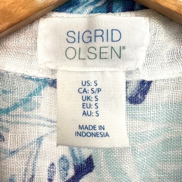 Sigrid Olsen Sleeveless Linen Tunic Top Short Dress ~Small~ Blue Leaves Tropical - Picture 4 of 13